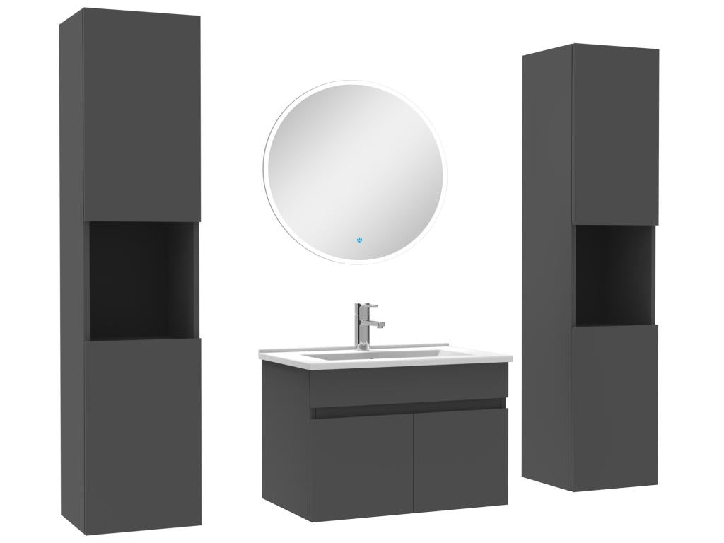 Bathroom furniture set with single sink, 60cm cabinet x2 and round mirror, Anthracite BDDN20963