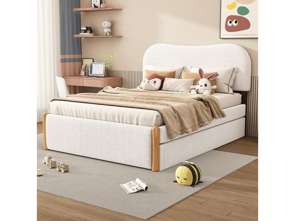 Children's bed, double bed 140x200 cm, upholstered bed with practical pull-out bed, white fabric YMQS06556