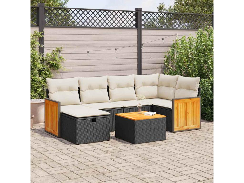 7-piece garden furniture set with cushions, black woven resin GBIA37206