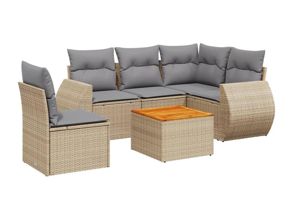 6-piece garden furniture set with cushions, beige wicker resin DEXZ11473