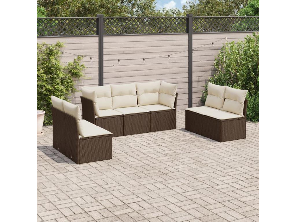 Garden furniture set with cushions, 7 pieces, brown woven resin, WIIC86615