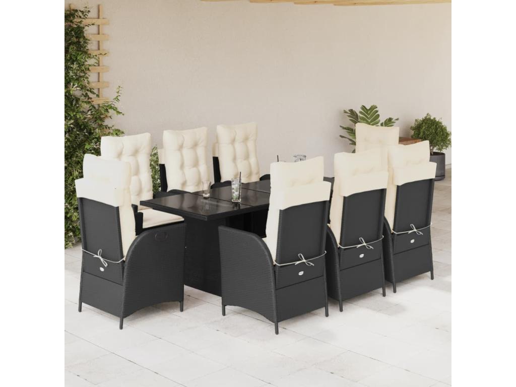 9-piece garden dining set with cushions, black resin wicker ZPVS41860