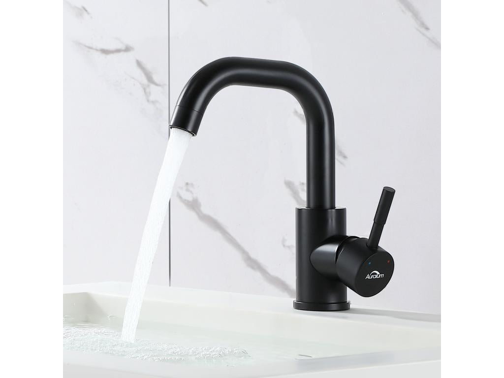 Mobenze Max Black Basin Tap with Detachable Aerator, 360° Swivel, Brass Bathroom Mixer Tap, 250mm High, EU Plug, Model HSEF08241