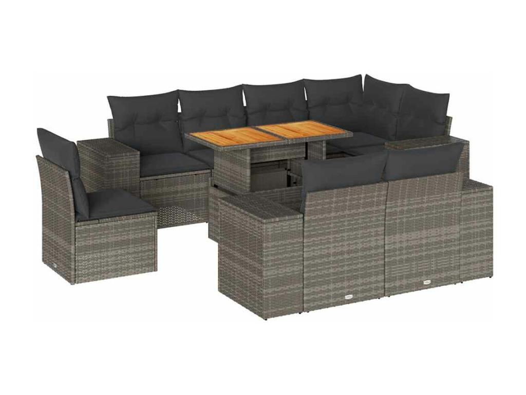 9-piece garden furniture set with grey resin wicker cushions AVRB16268